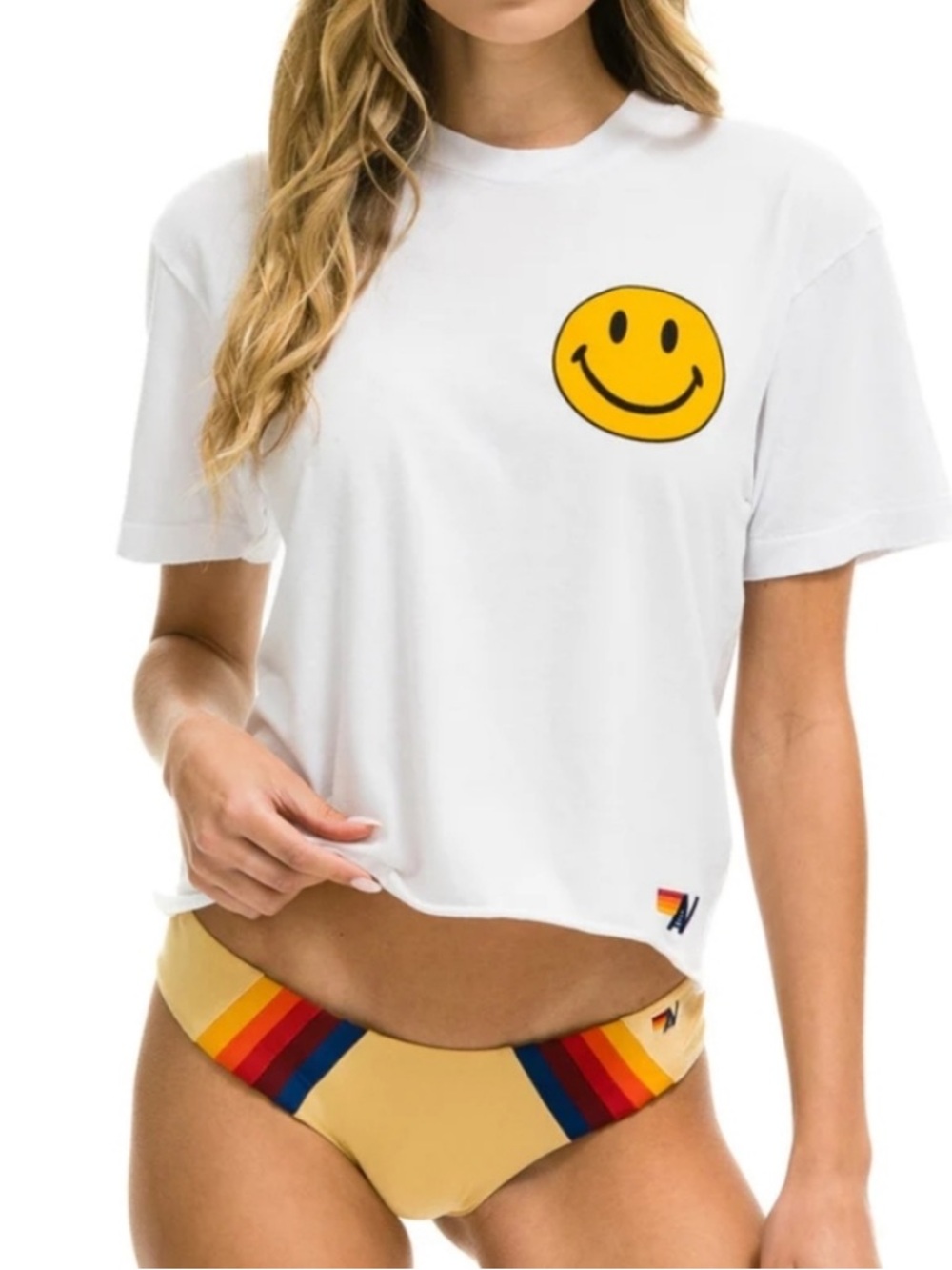 AVIATOR NATION Smiley Chasing Rainbows Boyfriend Tee in White Sz XS Rare